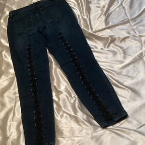 Dark Blue Lace-Up Women Skinny Jeans